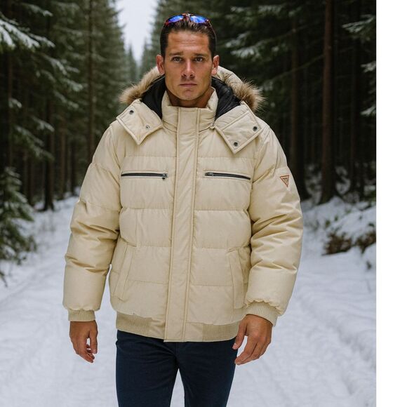 Guess Men's Cream Front-Zip Logo Faux Fur Hooded Parka Coat Jacket Size XL//TG - Picture 1 of 12